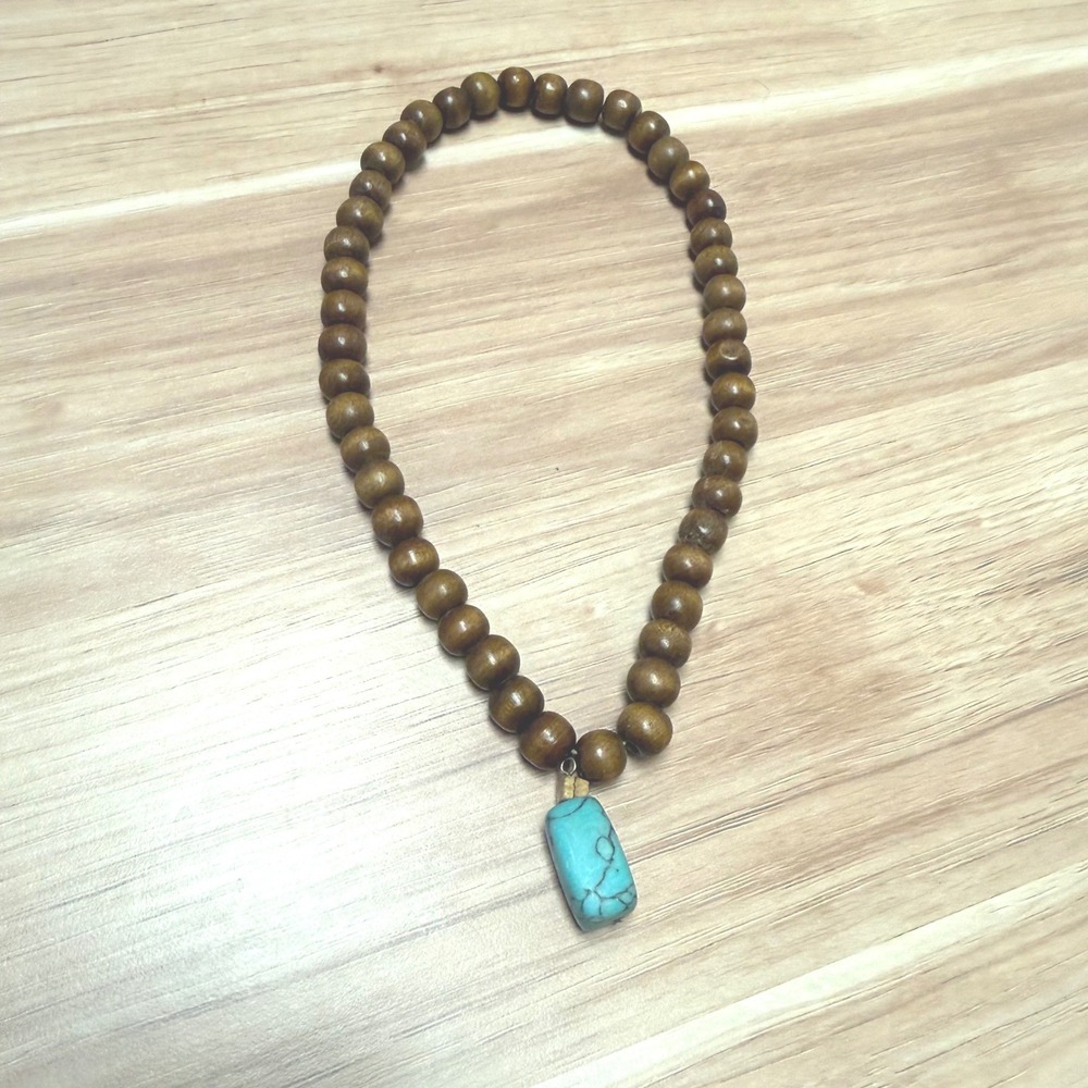 Unbranded Brown Wood Bead Necklace with‎ Faux Turquoise Stone Pendant Boho Style